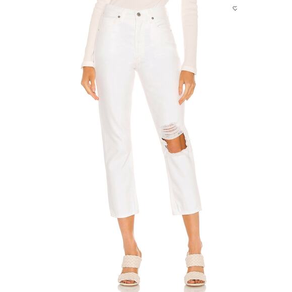 Citizens of Humanity White Straight Jeans Size 32 Ankle Busted knee $218 NEW - Picture 1 of 7